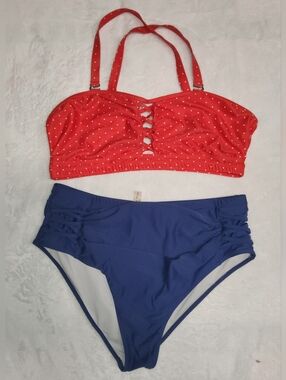 Polka Dot Red Bikini Top with High-Waist Navy Bottom